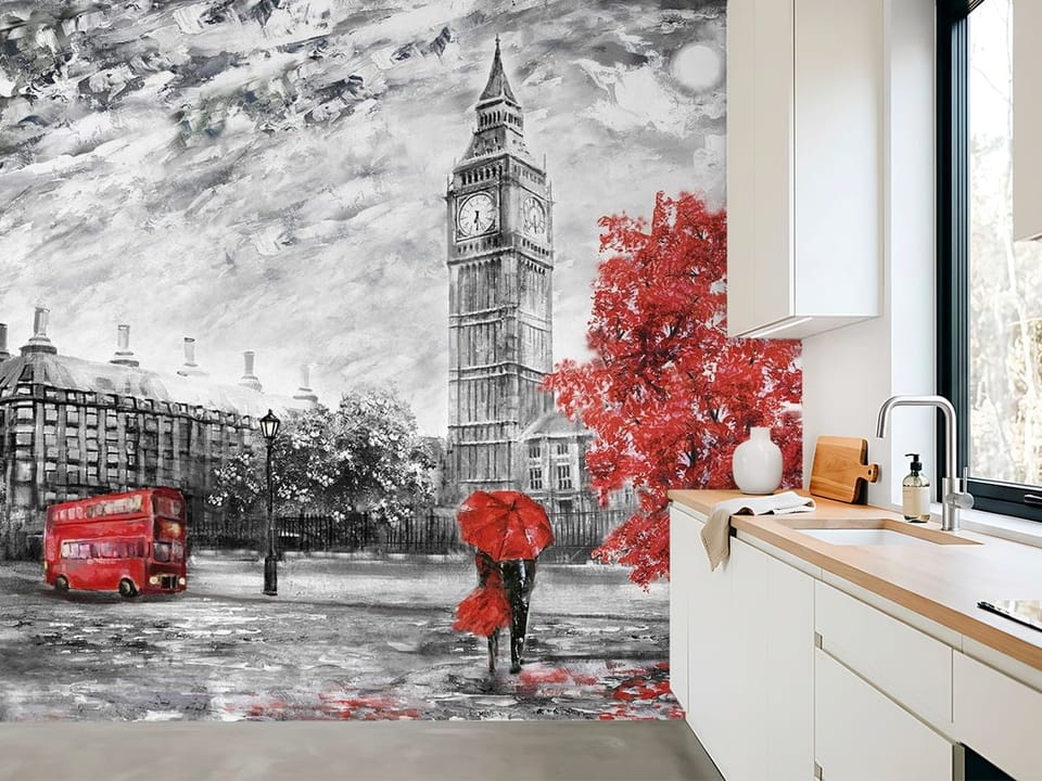 Fototapeta z wieżą zegarową i czerwonym drzewem w Londynie - aranżacja nasłonecznionej kuchni