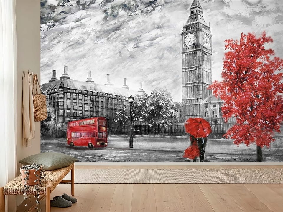 Fototapeta z wieżą zegarową i czerwonym drzewem w Londynie - widok na ścianę w przytulnym przedpokoju