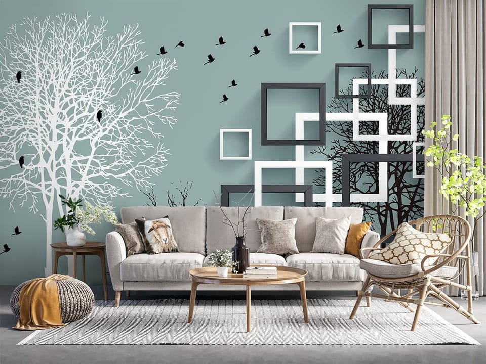 Fototapeta z białymi i czarnymi drzewami w geometrycznych ramkach na jasnym tle - salon z naturalnymi dodatkami