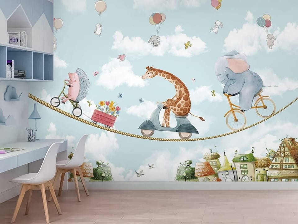 Fototapeta ze zwierzętami na linie nad miastem, jeż, żyrafa, słoń - nowoczesne wnętrze w pokoju dziecięcym