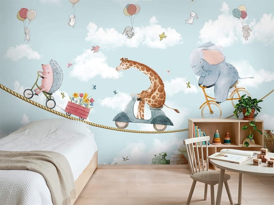 Fototapeta ze zwierzętami na linie nad miastem, jeż, żyrafa, słoń - inspiracja do pokoju dziecka