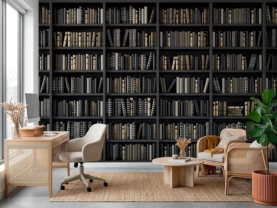 Fototapeta z dużą biblioteką i ciemnymi regałami pełnymi książek - dekoracja ściany w biurze w ciepłych kolorach
