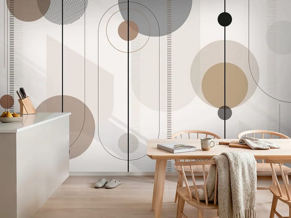 Fototapeta z geometrycznymi wzorami i dużymi okręgami w odcieniach brązu - ściana w przytulnej kuchni