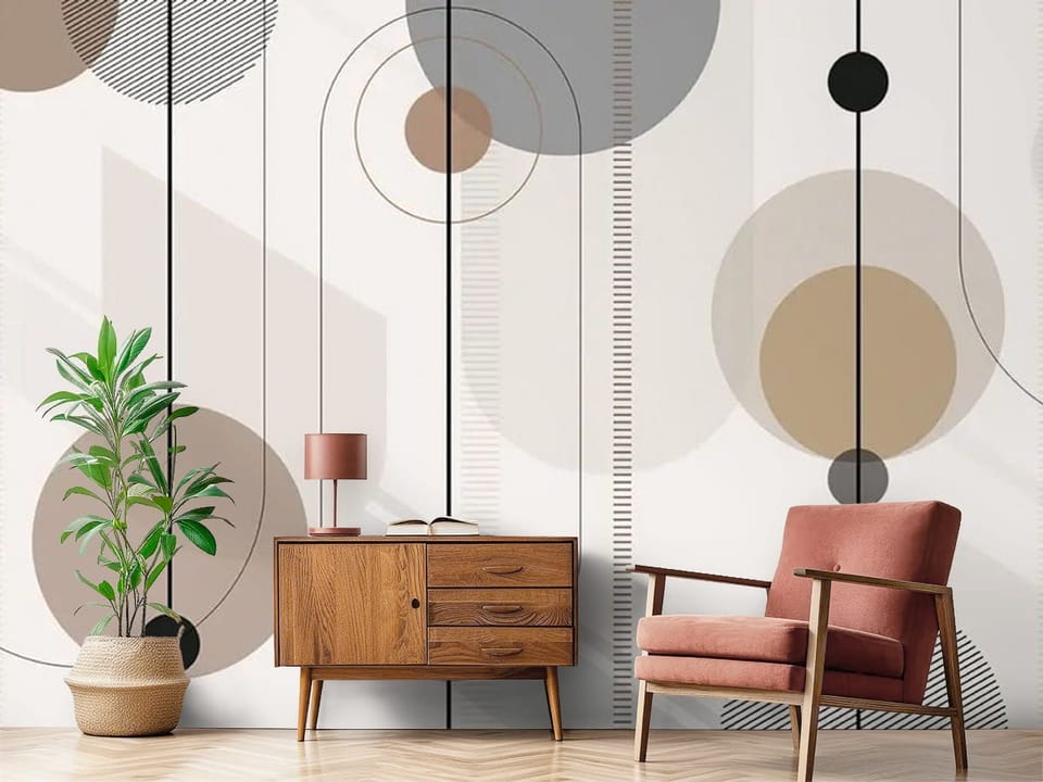 Fototapeta z geometrycznymi wzorami i dużymi okręgami w odcieniach brązu - aranżacja przytulnego i jasnego przedpokoju