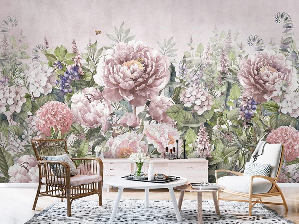 Fototapeta z piwoniami i różnorodnymi liśćmi w pastelowym tle - aranżacja przedpokoju w stylu skandynawskim