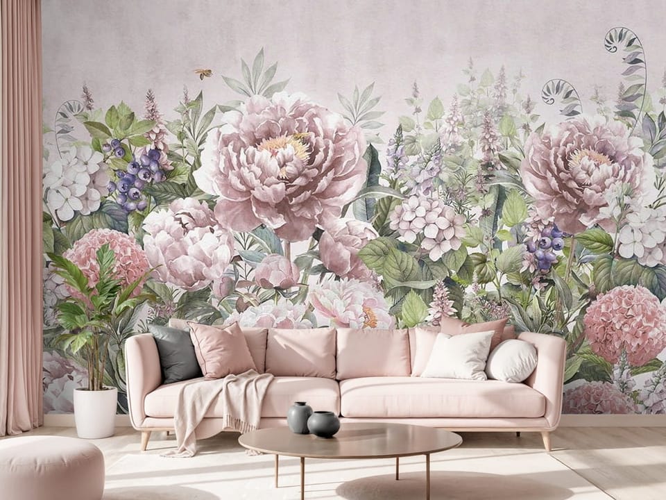 Fototapeta z piwoniami i różnorodnymi liśćmi w pastelowym tle - salon w różowych kolorach