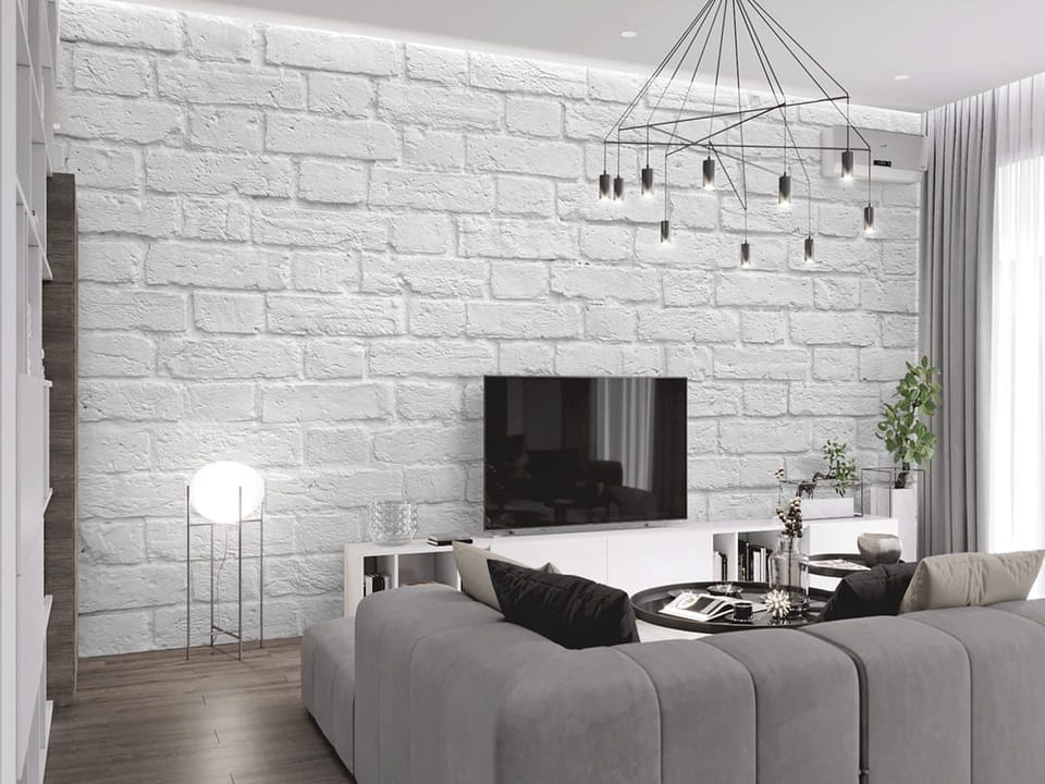 Fototapeta Biała ceglana ściana we wnętrzu salonu