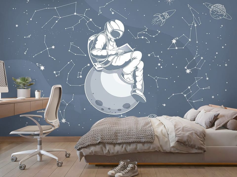 Fototapeta z astronautą na planecie, gwiazdy, konstelacje, rakieta - aranżacja dużego pokoju nastolatka