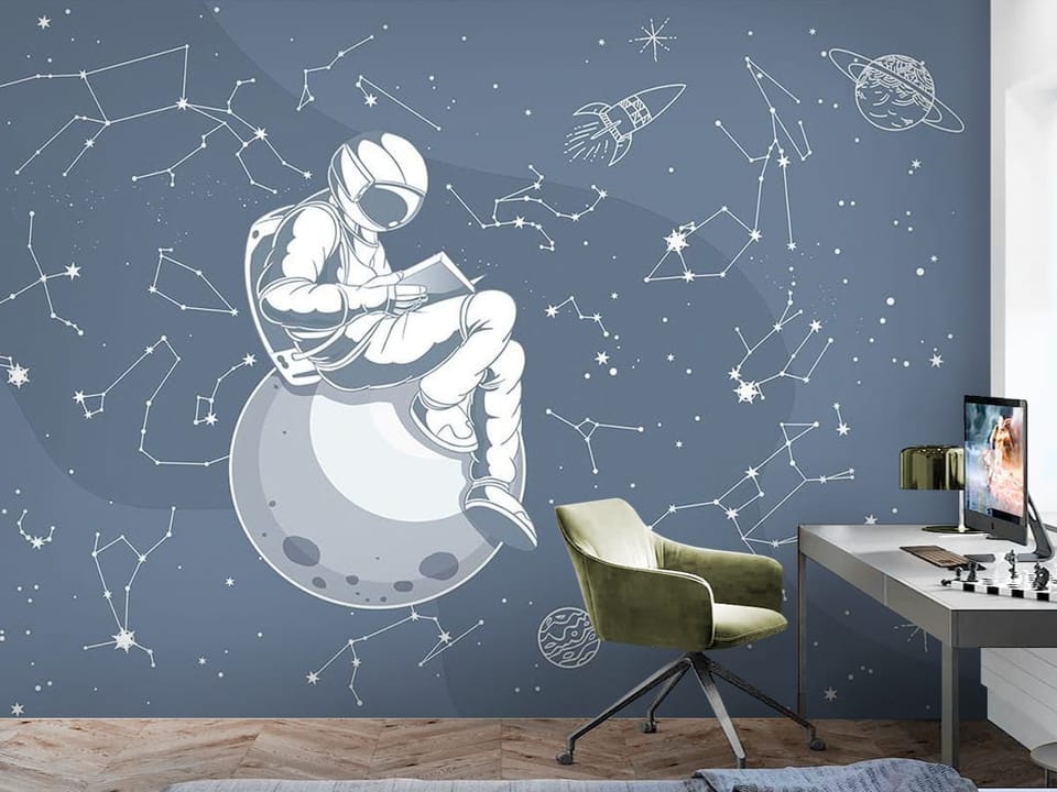 Fototapeta z astronautą na planecie, gwiazdy, konstelacje, rakieta - aranżacja w minimalistycznym pokoju nastolatka