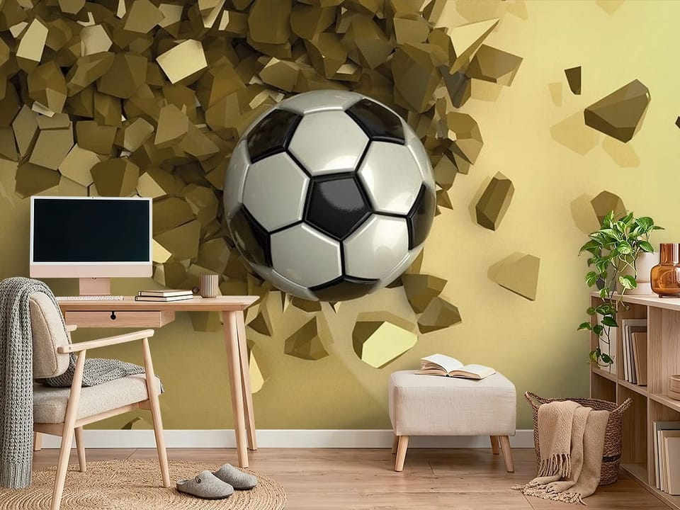 Fototapeta z piłką nożną wśród złotych odłamków na jasnym tle - ściana w minimalistycznym pokoju nastolatka