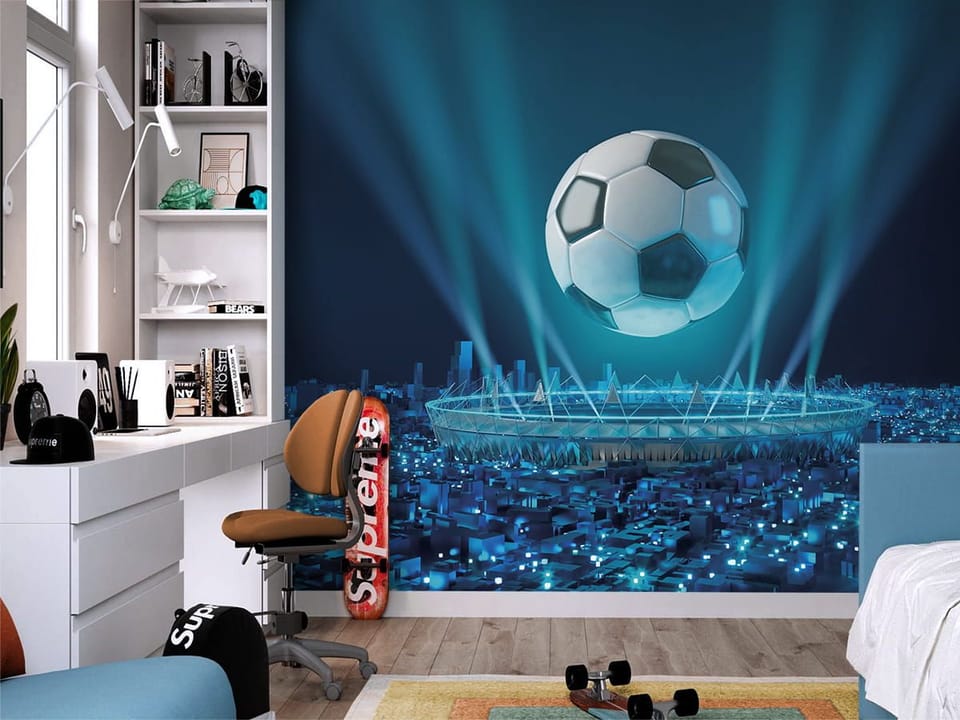 Fototapeta Piłka nożna nad stadionem nocą - aranżacja w pokoju dziecka