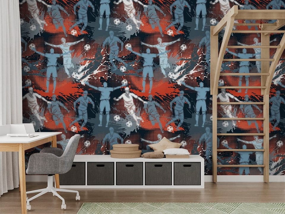 Fototapeta z sylwetkami piłkarzy w dynamicznych pozach na tle abstrakcji - nowoczesny pokój nastolatka z modnym akcentem