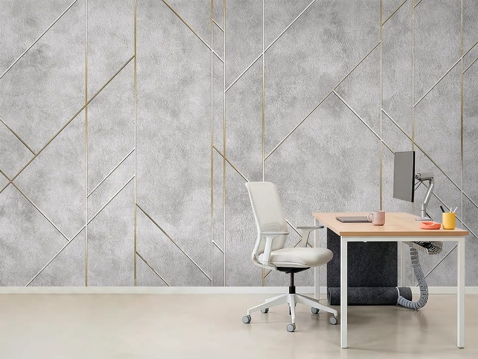 Fototapeta z geometrycznym wzorem, szare tło, złote i białe linie - dekoracja ściany w minimalistycznym biurze