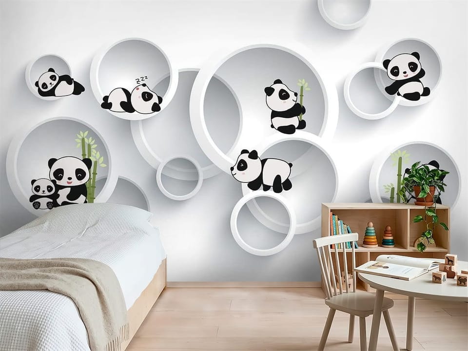 Fototapeta z pandami w okrągłych ramach na szarym tle z bambusem - inspiracja do pokoju dziecka