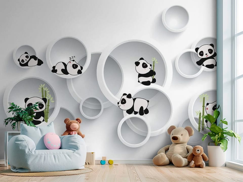 Fototapeta z pandami w okrągłych ramach na szarym tle z bambusem - przytulny kącik do zabawy w pokoju dziecka