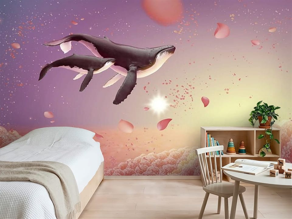 Fototapeta z dwoma wielorybami unoszącymi się w powietrzu, otoczonymi różowymi chmurami - inspiracja do pokoju dziecka