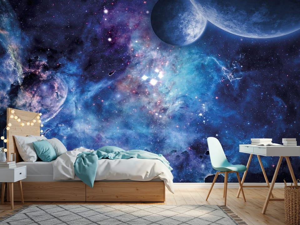 Fototapeta z planetami i mgławicą w kosmosie, pełna gwiazd - jasny pokój nastolatka