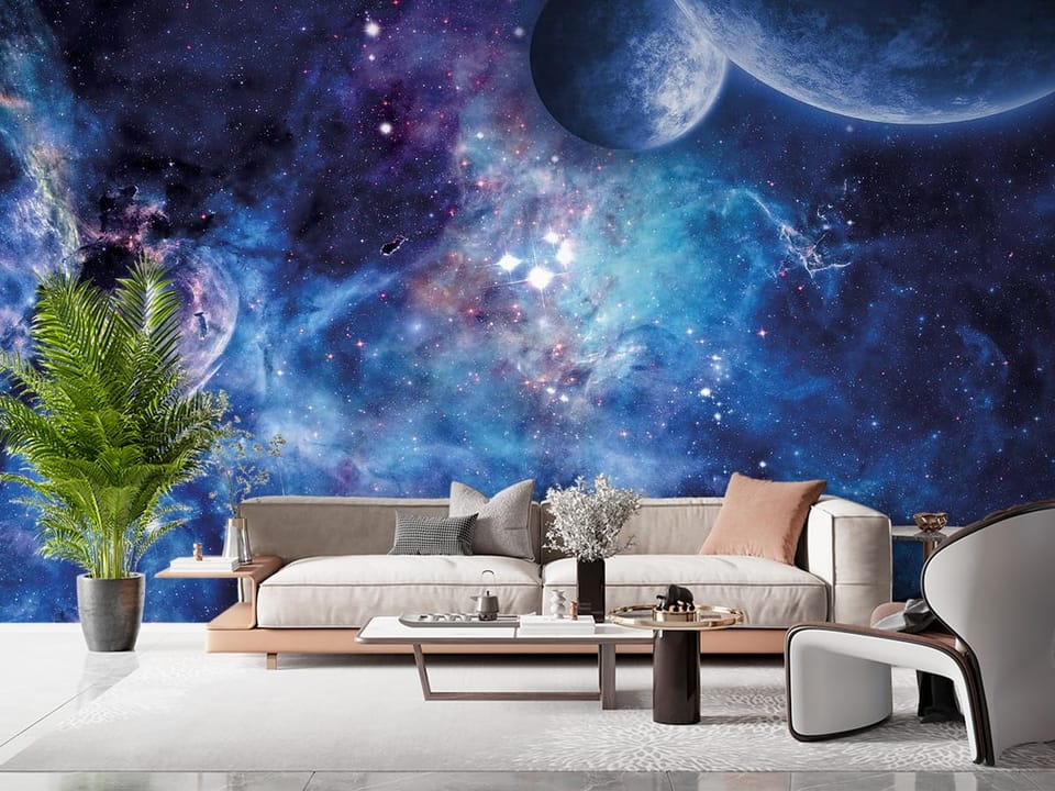 Fototapeta z planetami i mgławicą w kosmosie, pełna gwiazd - przytulny i nasłoneczniony salon