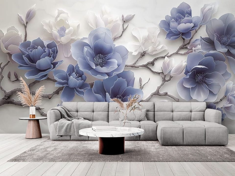 Fototapeta z gałęzią drzewa i dużymi kwiatami magnolii na jasnym tle - elegancki salon w stylu minimalistycznym