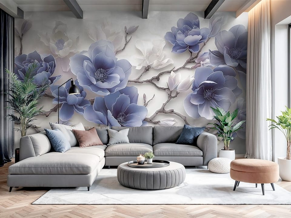 Fototapeta z gałęzią drzewa i dużymi kwiatami magnolii na jasnym tle - nowoczesny salon z dużą przestrzenią