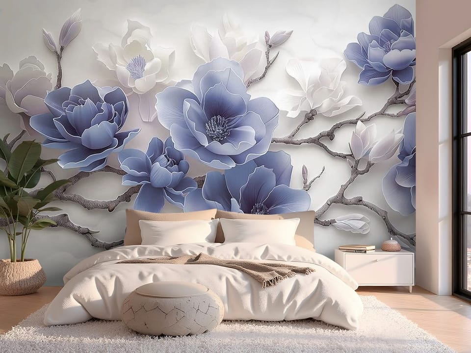 Fototapeta z gałęzią drzewa i dużymi kwiatami magnolii na jasnym tle - ściana w nowoczesnej sypialni