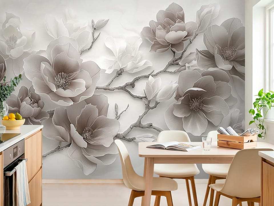 Fototapeta z dużymi kwiatami magnolii na jasnym tle - widok na ścianę w jasnej kuchni