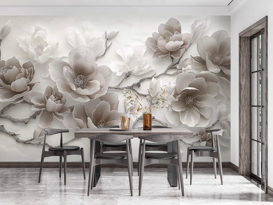 Fototapeta z dużymi kwiatami magnolii na jasnym tle - nowoczesna strefa jadalniana w kuchni