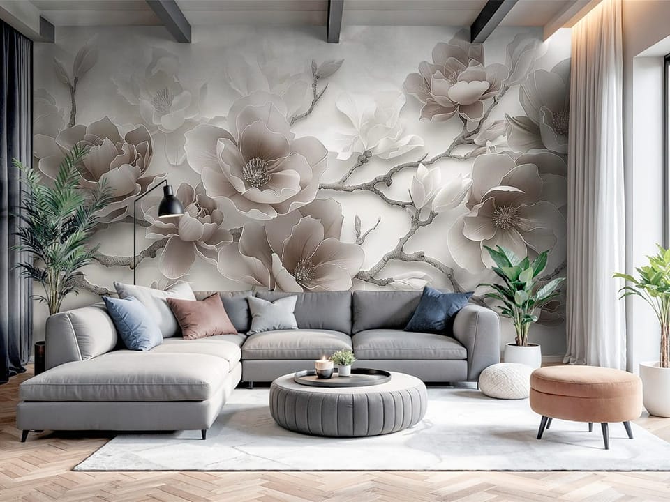 Fototapeta z dużymi kwiatami magnolii na jasnym tle - nowoczesny salon z dużą przestrzenią