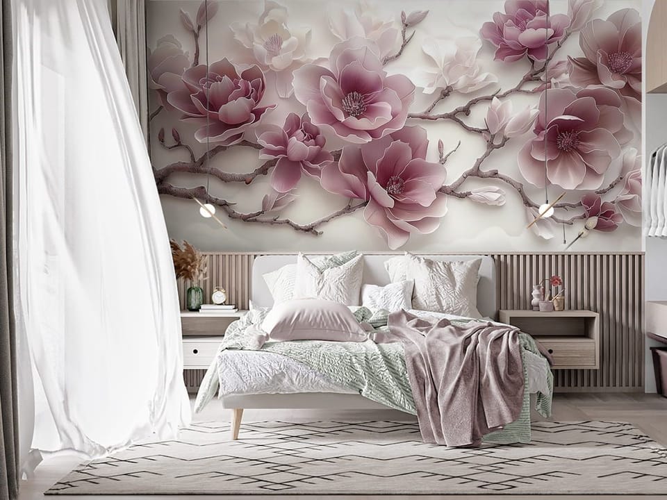 Fototapeta Magnolie na gałęziach drzewa - aranżacja w sypialni