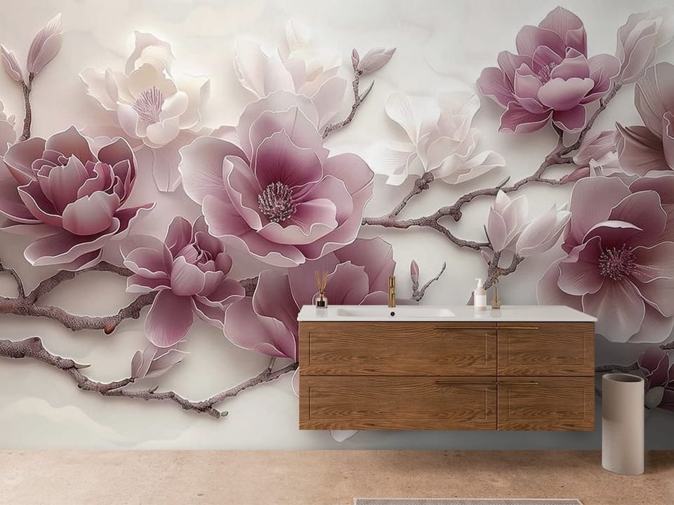 Fototapeta z dużymi kwiatami magnolii na jasnym tle - nowoczesna ściana w jasnej łazience