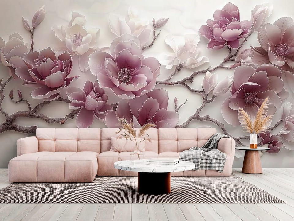 Fototapeta z dużymi kwiatami magnolii na jasnym tle - salon w jasnych kolorach