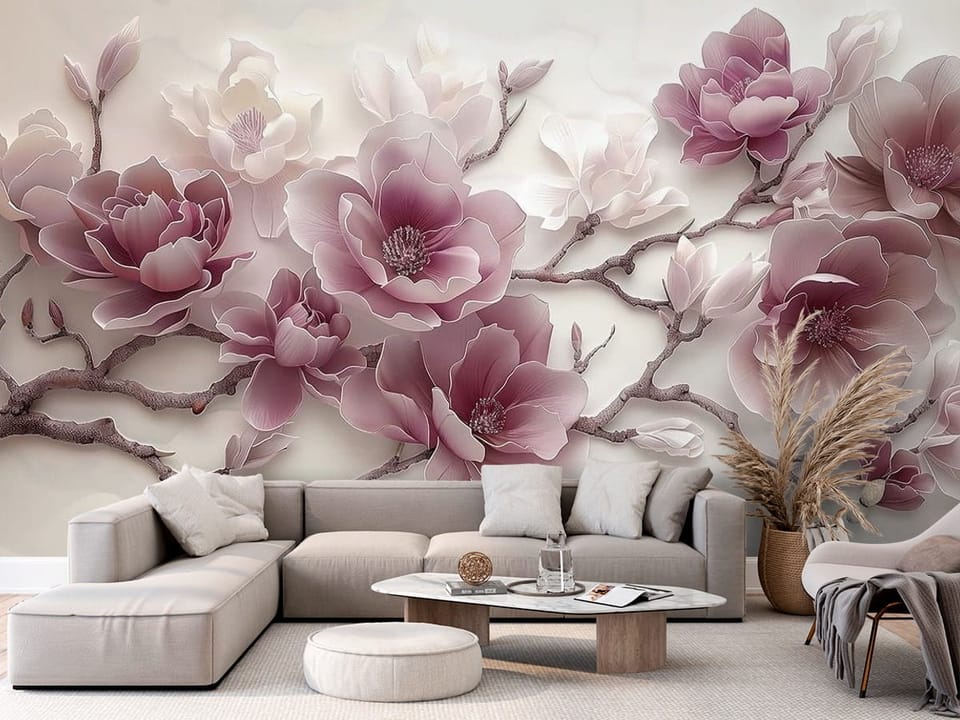 Fototapeta z dużymi kwiatami magnolii na jasnym tle - aranżacja w przytulnym salonie
