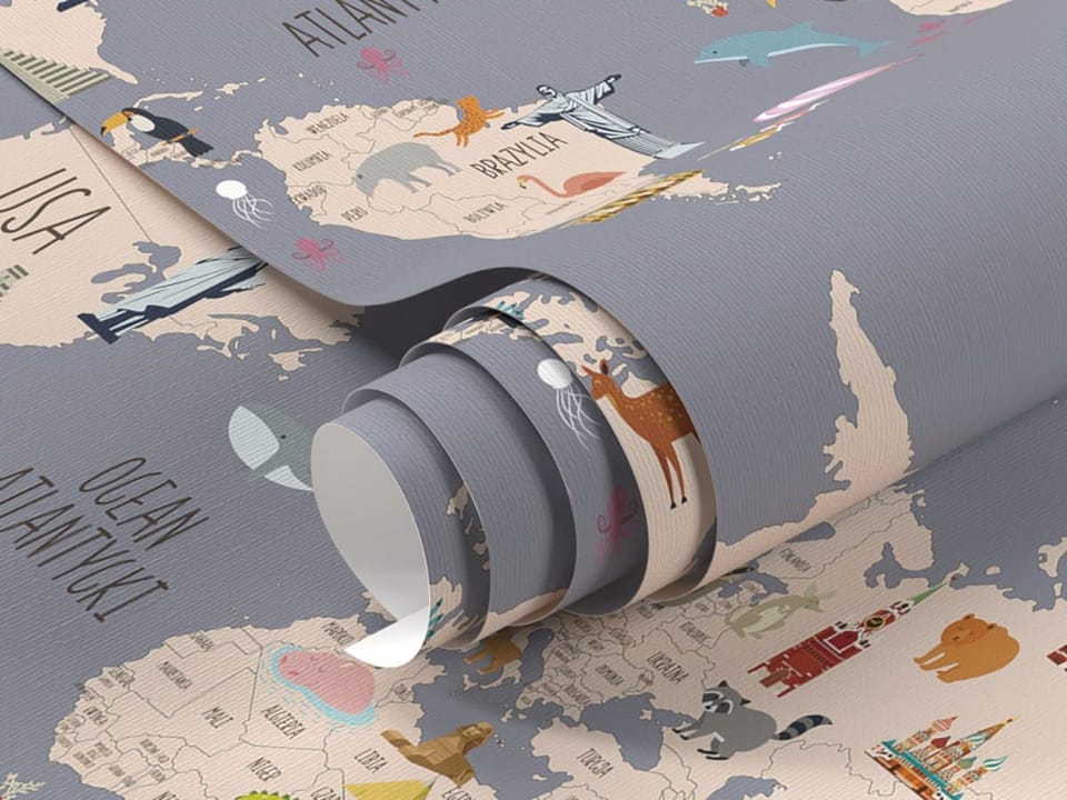 Fototapeta Ilustrowana mapa świata dla dzieci - realne zdjęcie w rolce