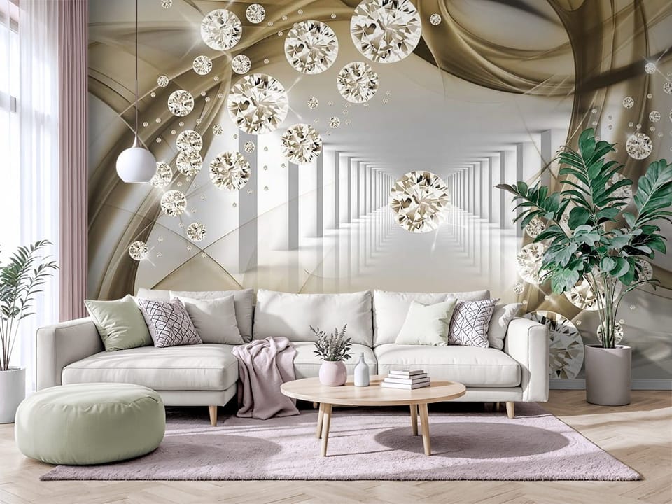 Fototapeta z diamentowymi kulami i geometrycznym tunelem - salon w jasnych barwach z modnym akcentem