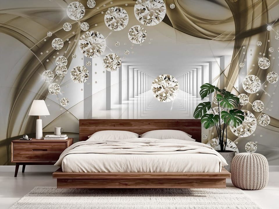 Fototapeta z diamentowymi kulami i geometrycznym tunelem - sypialnia boho z drewnianym łóżkiem