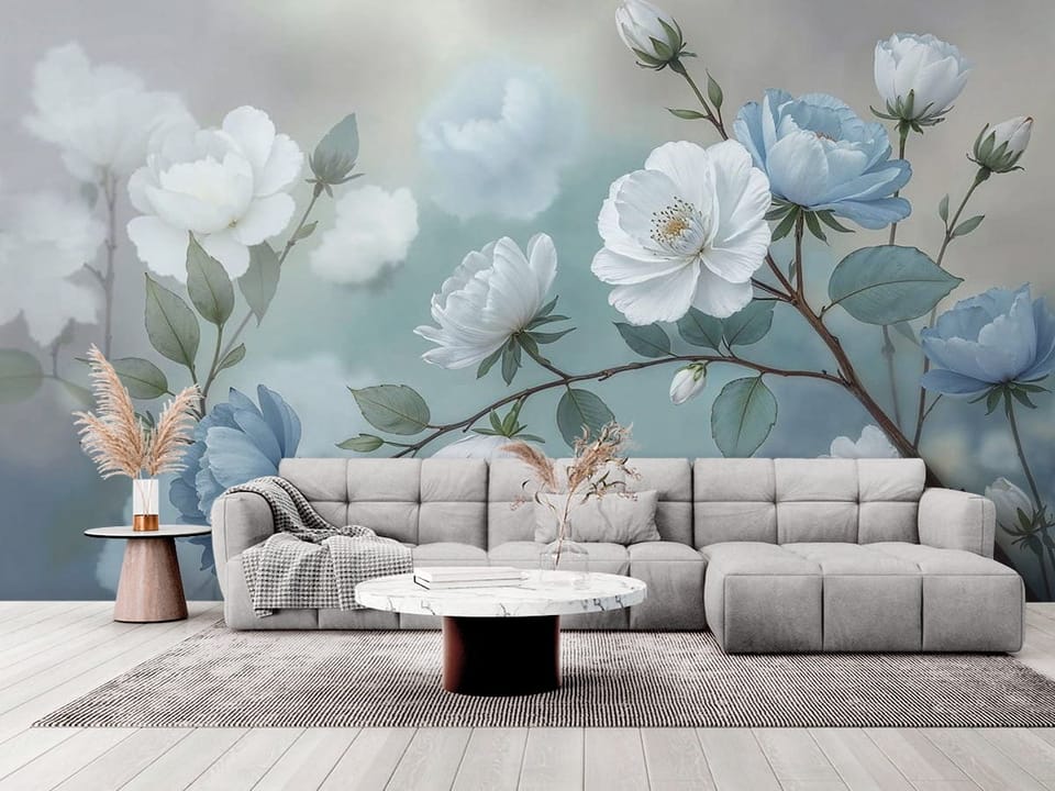 Fototapeta z gałęzią białych i niebieskich kwiatów na rozmytym tle - elegancki salon w stylu minimalistycznym