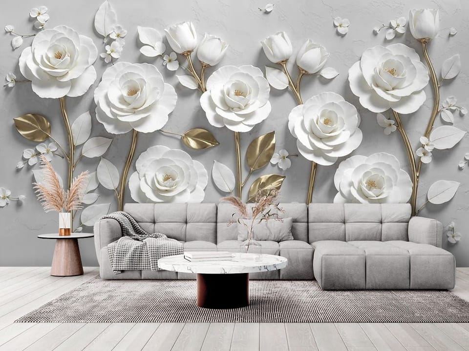 Fototapeta z białymi różami na złotych łodygach na szarym tle - elegancki salon w stylu minimalistycznym