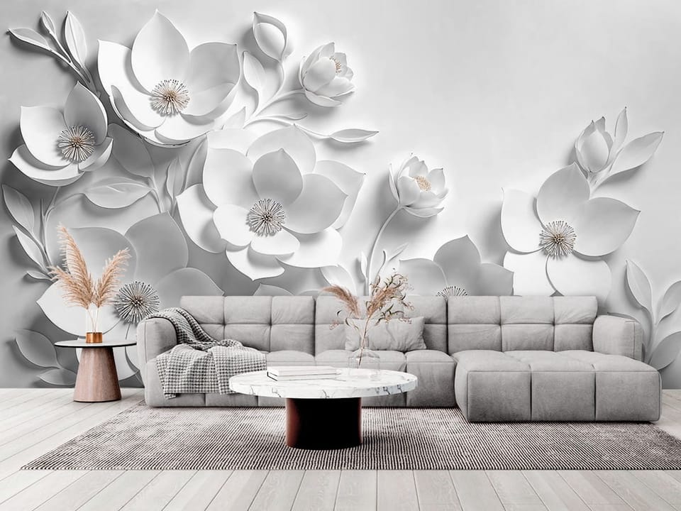 Fototapeta z dużymi białymi kwiatami na delikatnych gałęziach - elegancki salon w stylu minimalistycznym
