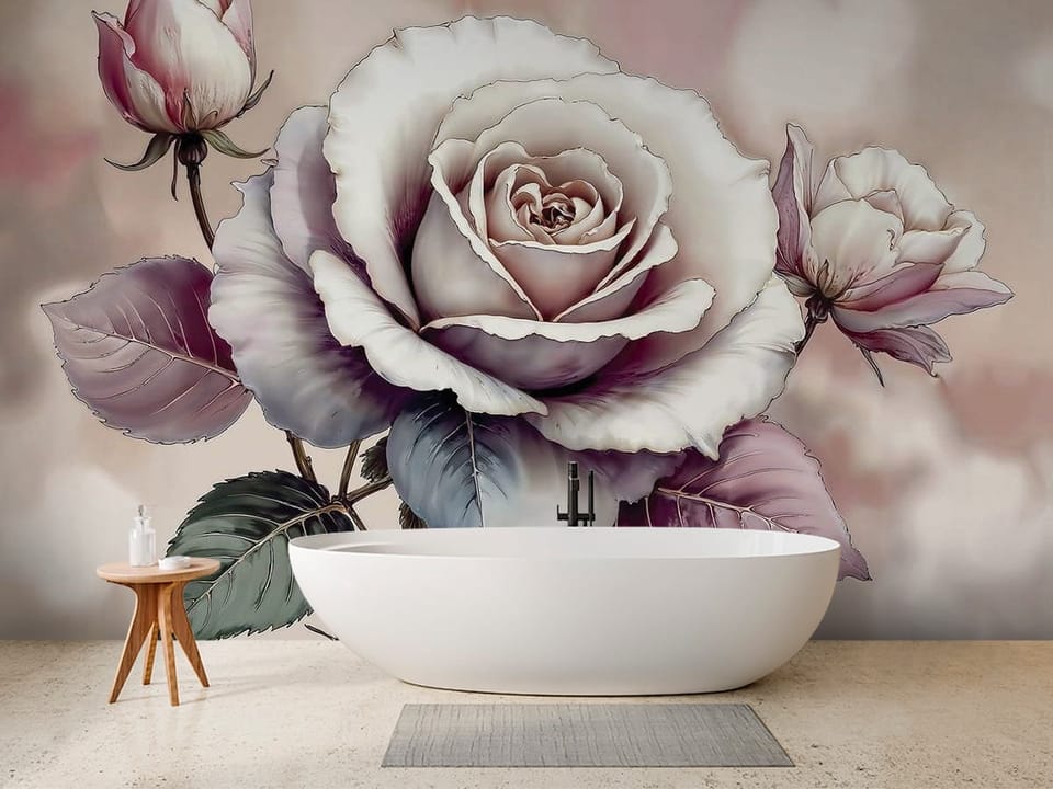 Fototapeta z dużą białą różą i różowymi pąkami na pastelowym tle - aranżacja minimalistycznej łazienki