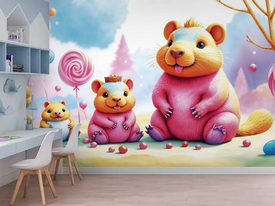 Fototapeta z trzema kolorowymi chomikami, lizakami i balonami na pastelowym tle - nowoczesne wnętrze w pokoju dziecięcym