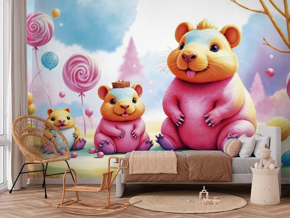 Fototapeta z trzema kolorowymi chomikami, lizakami i balonami na pastelowym tle - aranżacja w przytulnym pokoju dziecięcym