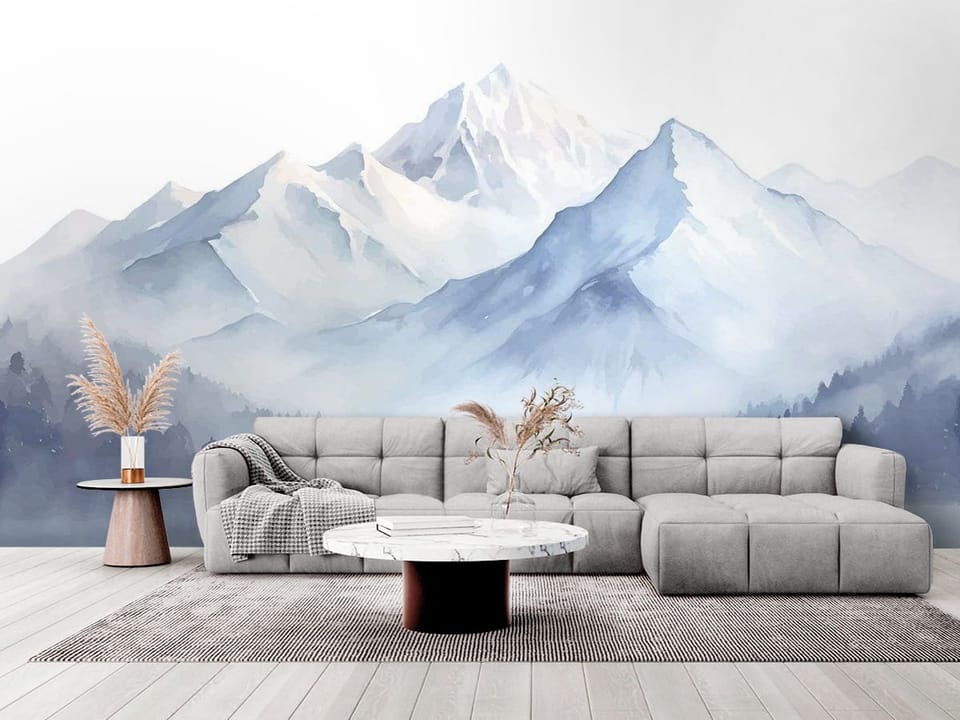 Fototapeta z ośnieżonymi górami, chmurami i jeziorem - elegancki salon w stylu minimalistycznym