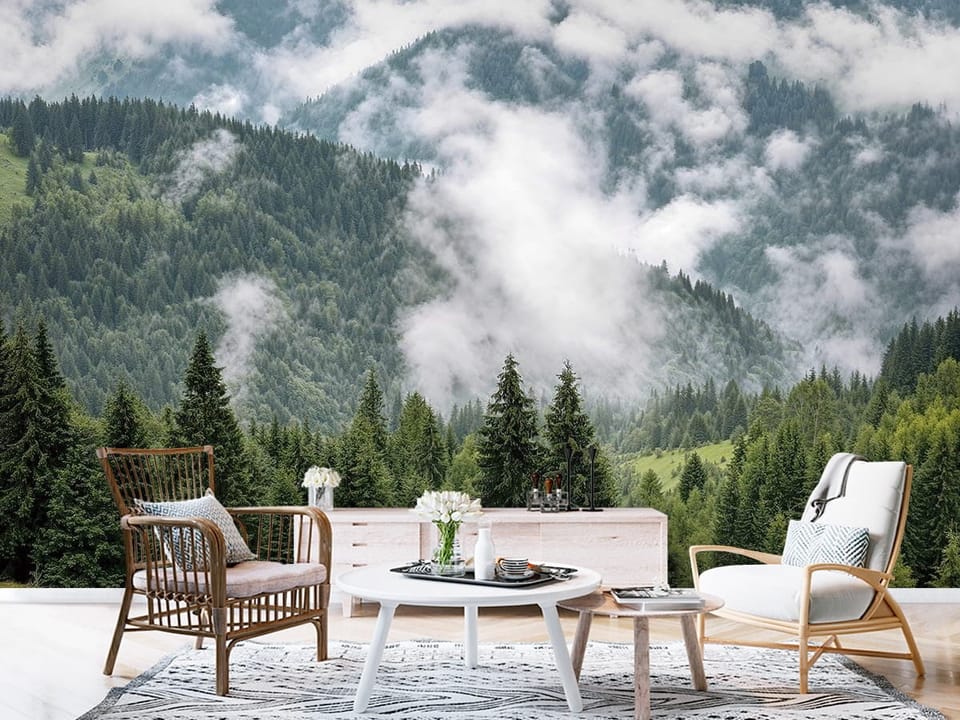 Fototapeta z gęstym lasem iglastym i mgłą w górskim krajobrazie - aranżacja przedpokoju w stylu skandynawskim