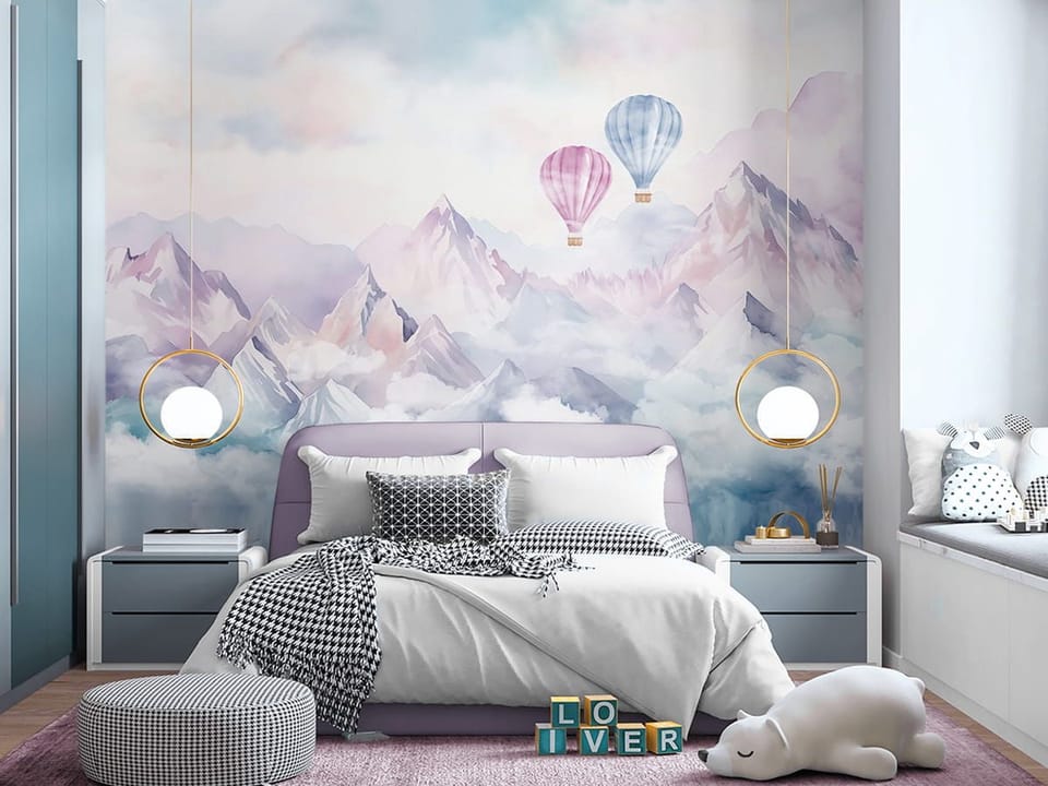 Fototapeta Balony nad Pastelowymi Górami - aranżacja w pokoju nastolatka