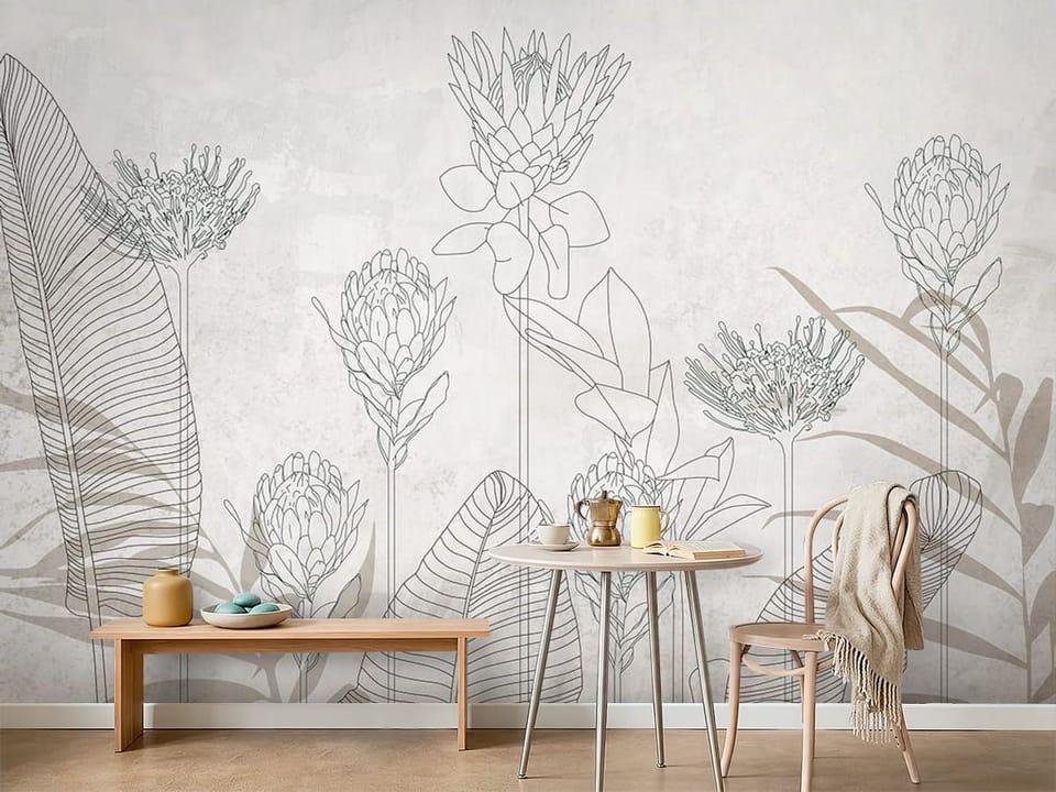 Fototapeta z kwiatami i liśćmi w stylu linearnym na jasnym tle - ściana w minimalistycznej kawiarni