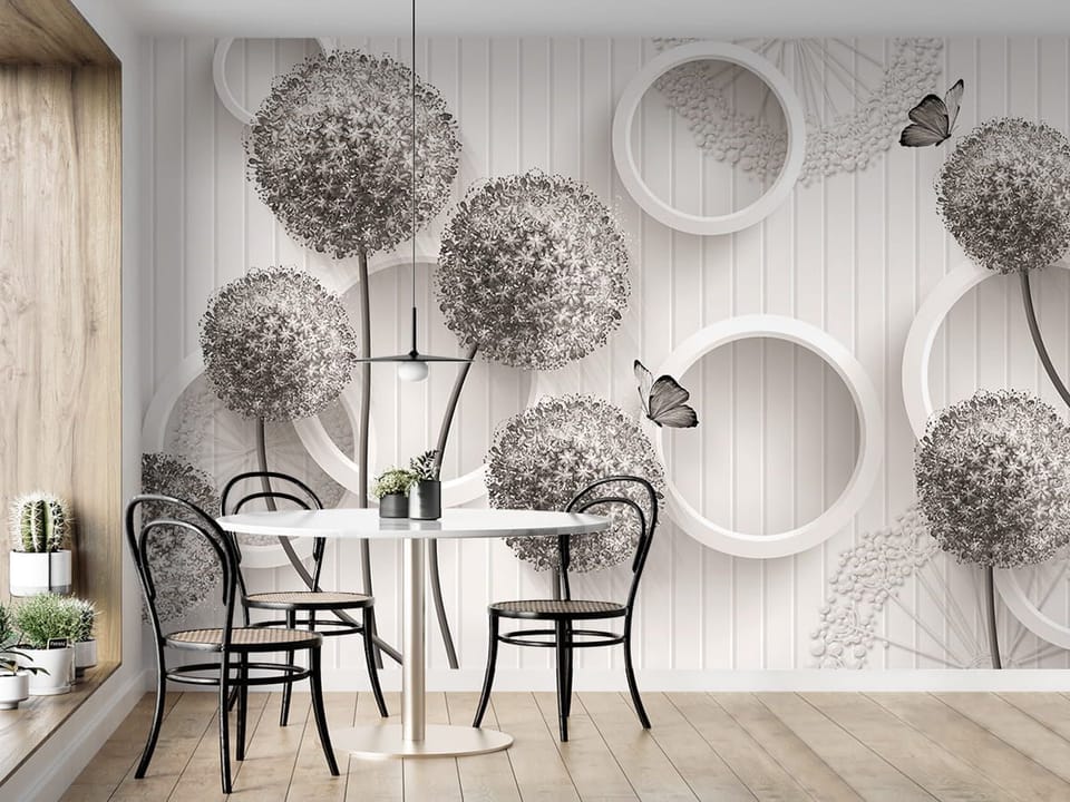 Fototapeta Kwiaty 3D z okrągłymi główkami - aranżacja w kuchni