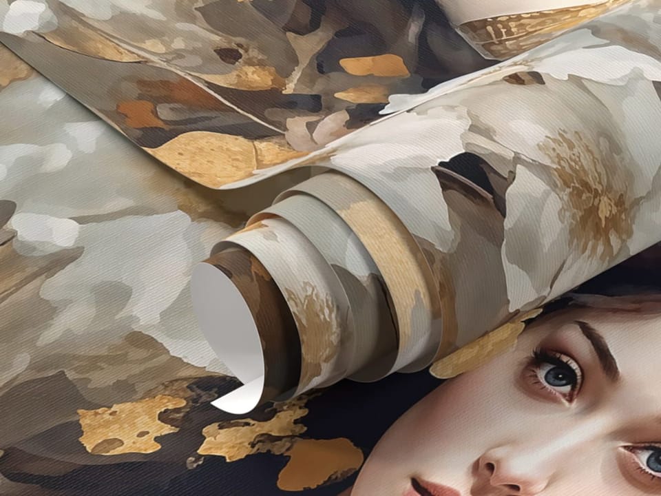 Fototapeta Kobieta w sukni z kwiatami - realne zdjęcie w rolce