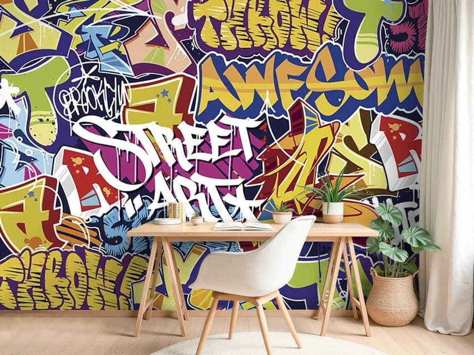 Fototapeta z kolorowym graffiti i różnorodnymi napisami na tle - ściana za biurkiem w pokoju nastolatka