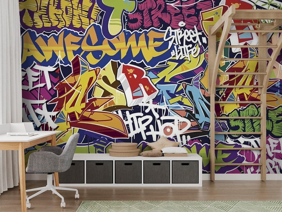 Fototapeta z kolorowym graffiti i różnorodnymi napisami na tle - nowoczesny pokój nastolatka z modnym akcentem