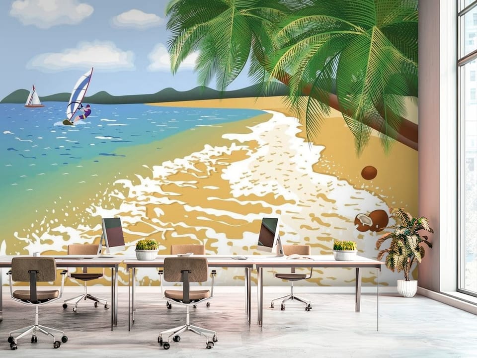 Fototapeta przedstawiająca piaszczystą plażę z zielonymi palmami i błękitnym morzem. - ściana w dużym biurze